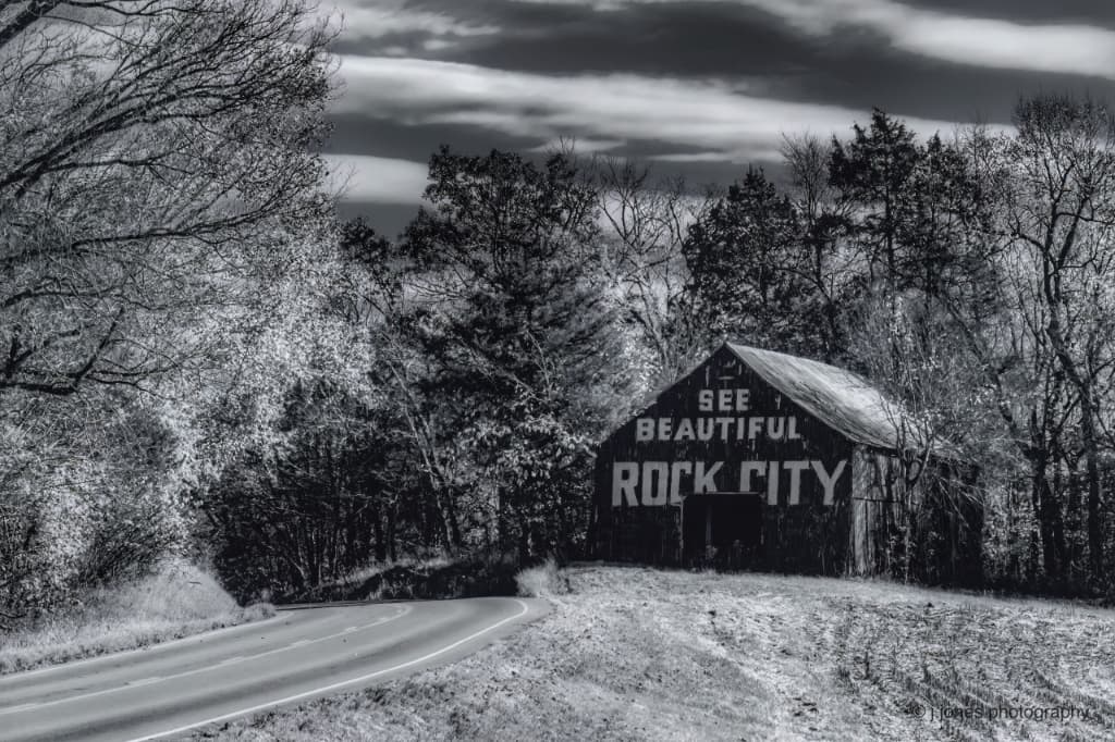 Rock City ad on an old barn in a black and white photo Rock City ad on an old barn in a black and white photo