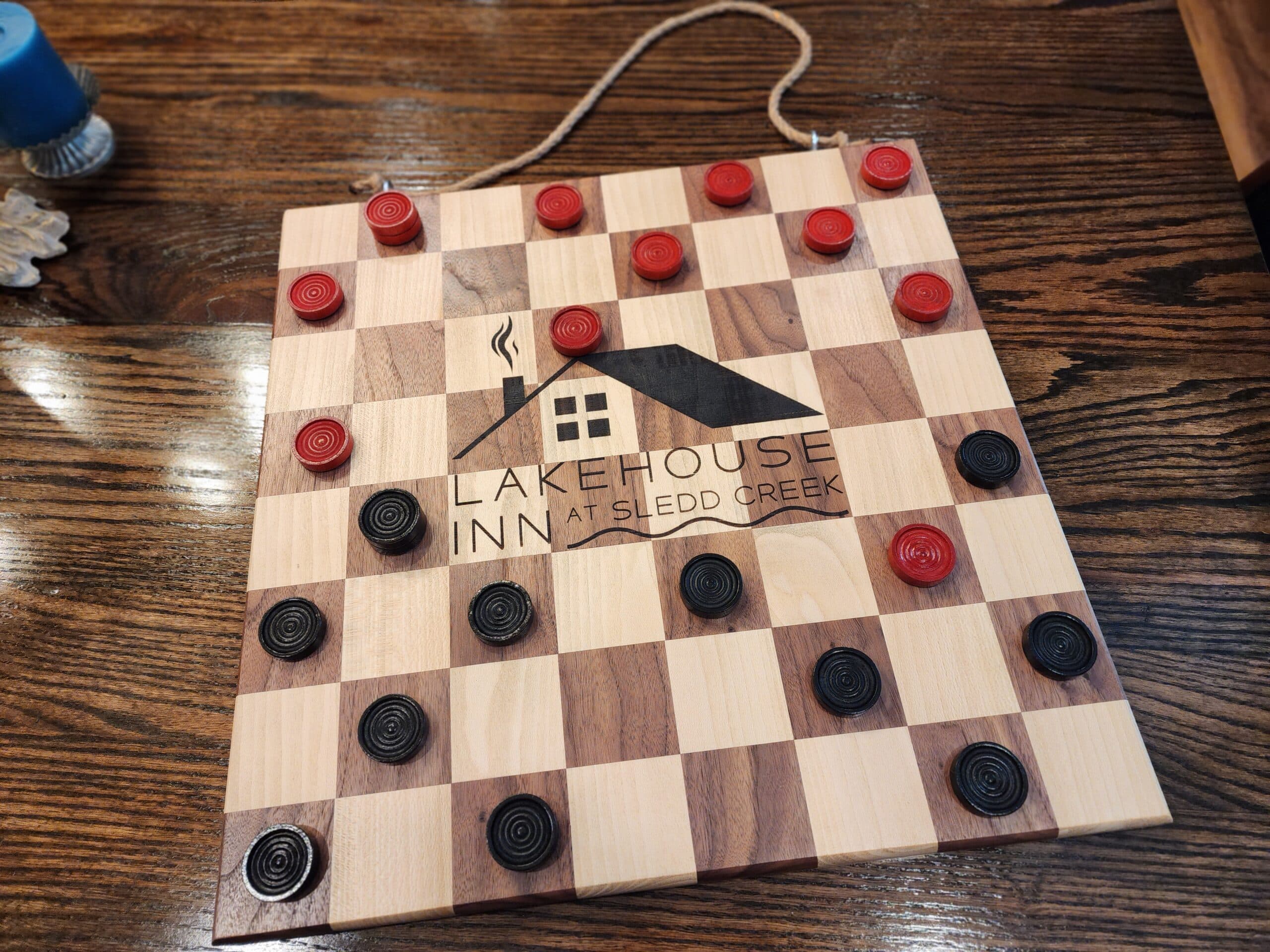 handmade wooden checkerboard with lakehouse inn logo handmade wooden checkerboard with lakehouse inn logo